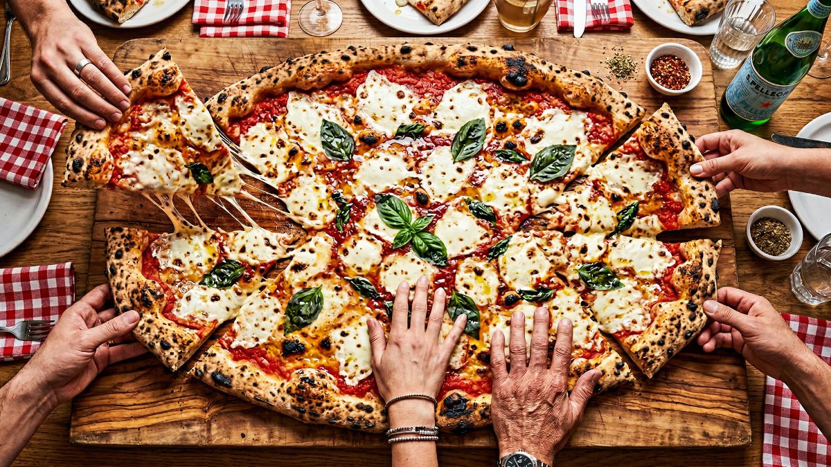 Pizza gigante servita su tagliere di legno grande con mani ai lati per mostrare la scala — pizzeria Su Stentu Sestu